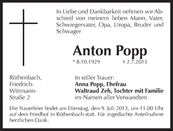 Traueranzeige von Anton Popp von Pegnitz-Zeitung